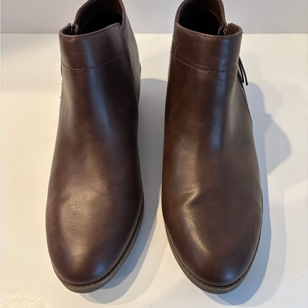 Brown Leather Ankle Booties with Rounded Toe